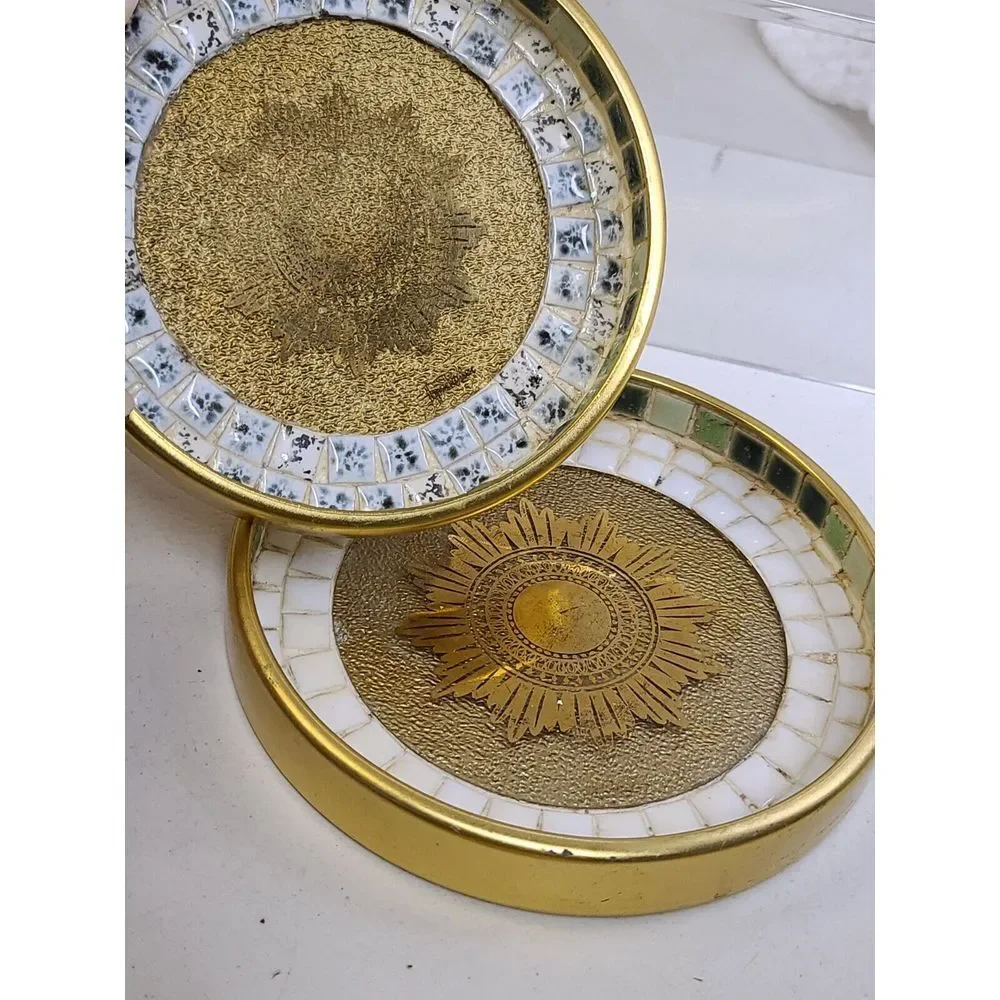 Nesting Set MCM Mosaic Tile Coasters NUT‎ DISH Ashtrays Lynn Paulin Gold Gilt - Picture 11 of 11